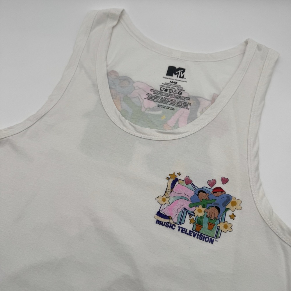 90s Retro MTV Vintage Style Mens Medium White Hippy Plants Tank Top Shirt